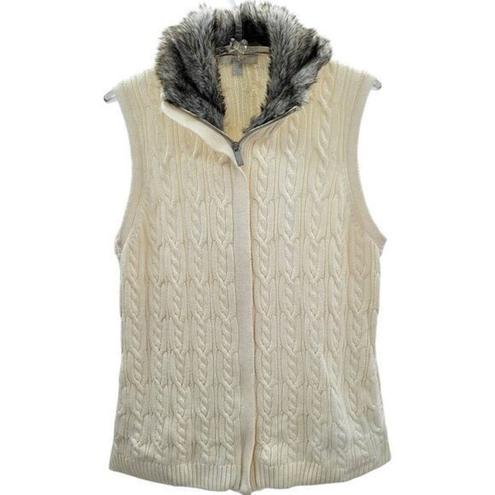 Liz Claiborne Bohemian Cable‎ Knit Faux Fur Collar Full Zip Sweater Vest